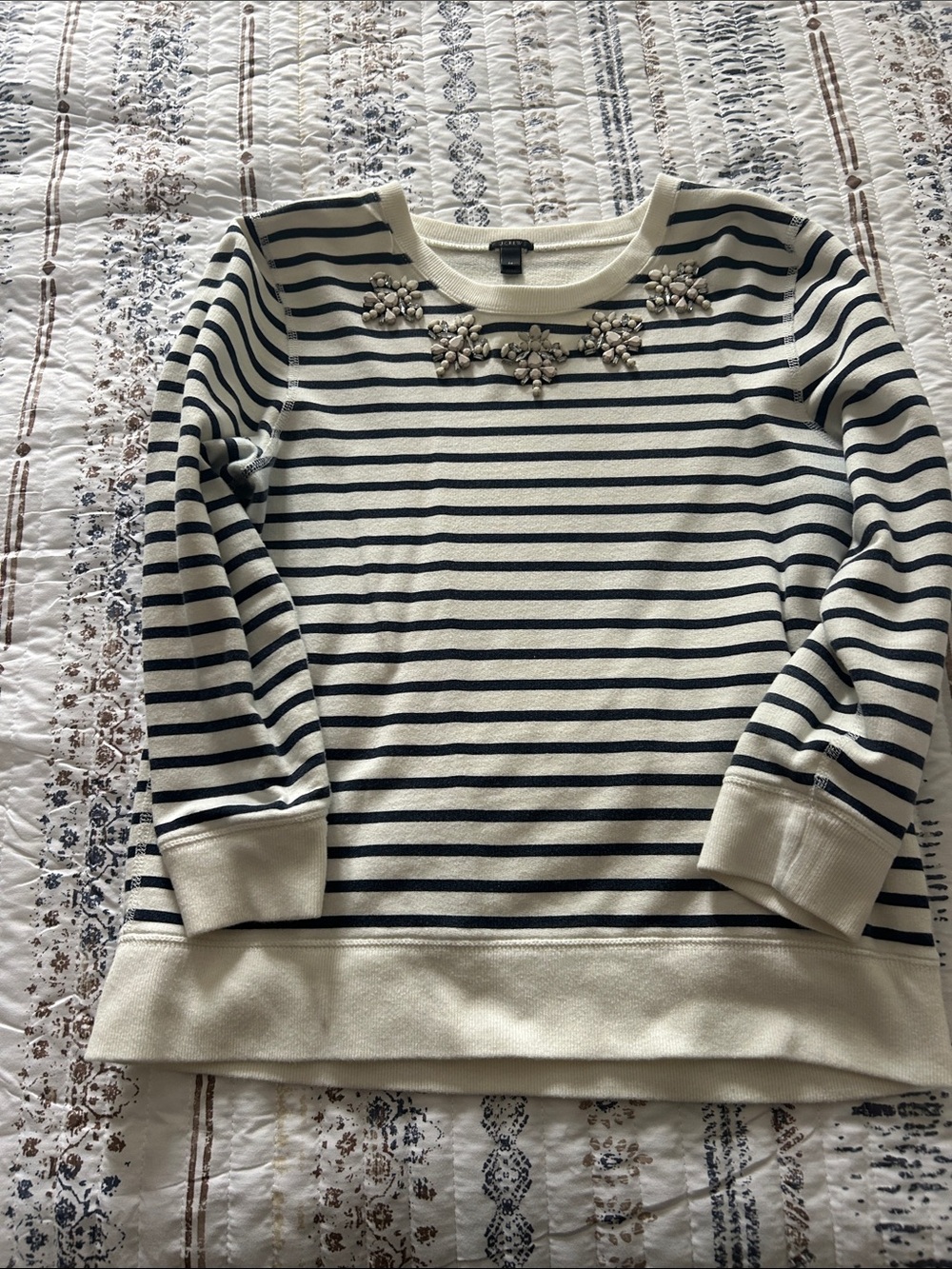 J crew Embellished Navy & Cream Striped Sweater